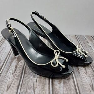 Cole Haan Air Slingback Peep Toe Leather Heels Size 8.5 B Womens Black White Bow
